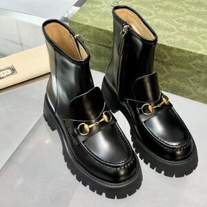 Women's Gucci Black Patent Leather Horsebit Chunky Platform Zip Ankle Boots
